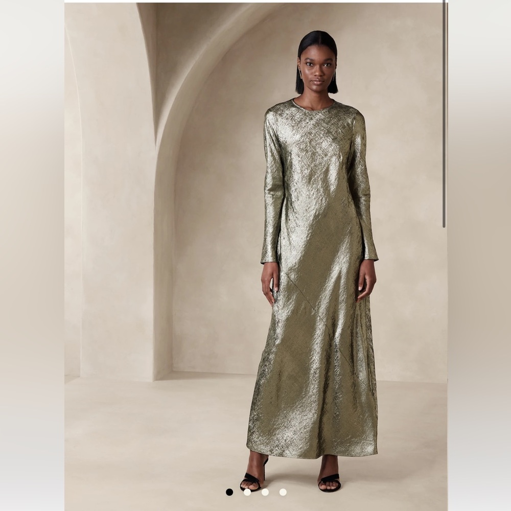 NWT Banana Republic Inaya Maxi Dress with Long Sleeves in Metallic Gold Bronze